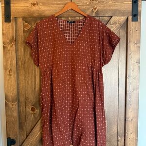 Madewell Terracotta V-Neck Dress with White Grid Pattern